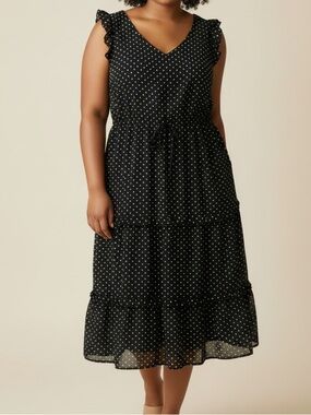 Always Indigo Black White Polka Dot Tiered Ruffle Midi Dress Size 1X Feminine